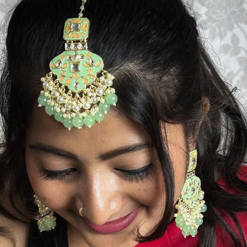 Mint Green Kundan Earrings & Maang Tikka Set from Trenzify Store.