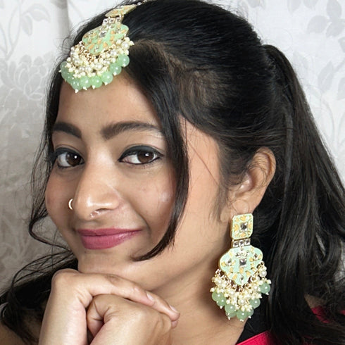 Mint Green Kundan Earrings & Maang Tikka Set from Trenzify Store.