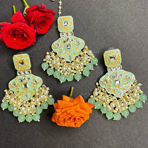 Mint Green Kundan Earrings & Maang Tikka Set from Trenzify Store.