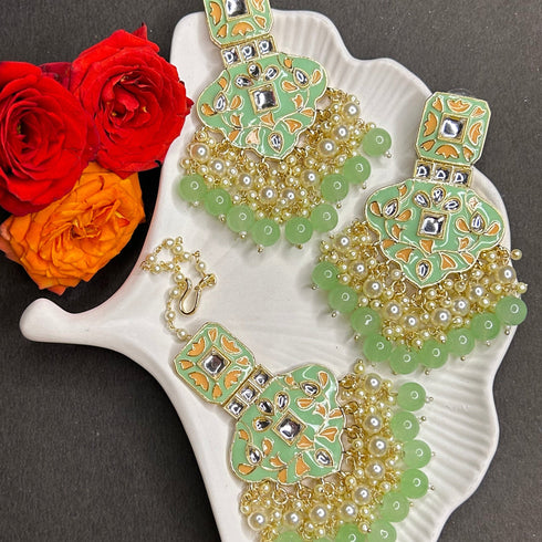 Mint Green Kundan Earrings & Maang Tikka Set from Trenzify Store.