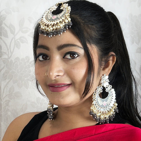 Grey Meenakari Kundan Chandbali Set with Maang Tikka from Trenzify Store.