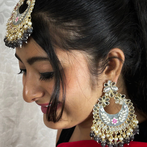 Grey Meenakari Kundan Chandbali Set with Maang Tikka from Trenzify Store.