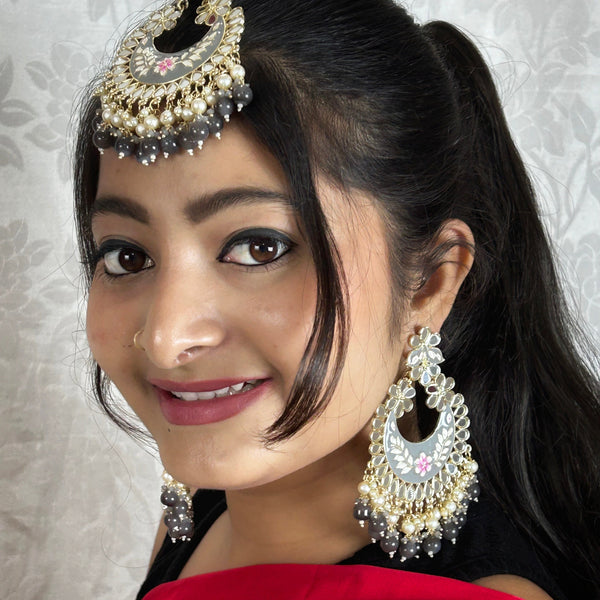Grey Meenakari Kundan Chandbali Set with Maang Tikka from Trenzify Store.
