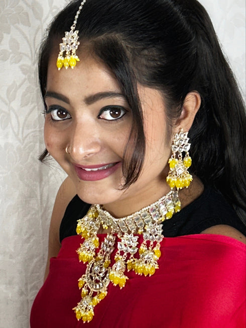 Yellow Kundan & Bead Necklace Set from Trenzify Store.