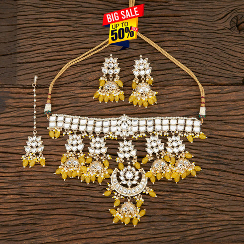 Yellow Kundan & Bead Necklace Set from Trenzify Store.
