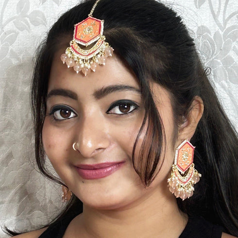 Orange Hexagon Enamel Earrings & Maang Tikka Set from Trenzify Store.