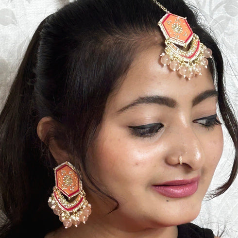 Orange Hexagon Enamel Earrings & Maang Tikka Set from Trenzify Store.