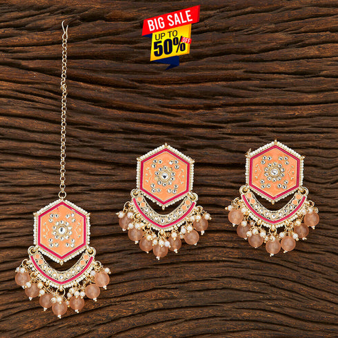 Orange Hexagon Enamel Earrings & Maang Tikka Set from Trenzify Store.