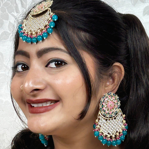 Rama Green Beaded Kundan Earrings & Maang Tikka Set from Trenzify Store.