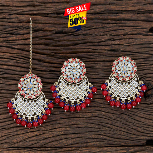Red Beaded Kundan Earrings & Maang Tikka Set from Trenzify Store.