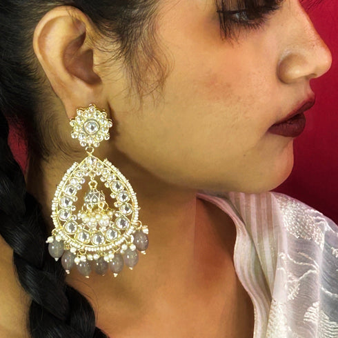 Grey Beaded Teardrop Kundan Earrings from Trenzify Store.