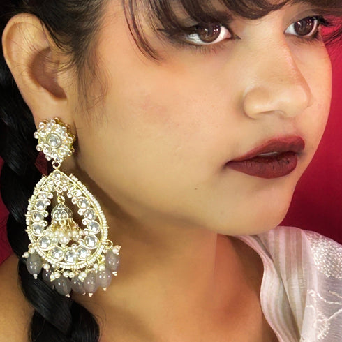 Grey Beaded Teardrop Kundan Earrings from Trenzify Store.