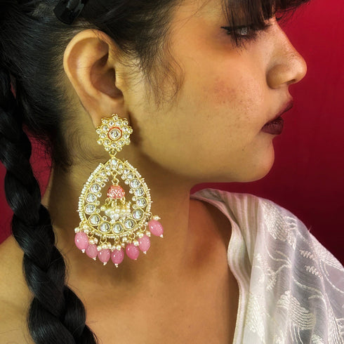 Light Pink Beaded Teardrop Kundan Earrings from Trenzify Store.