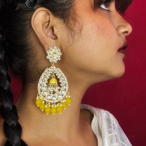 Yellow Beaded Teardrop Kundan Earrings from Trenzify Store.