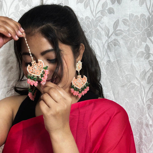 Peach & Green Enamel Kundan Earrings & Maang Tikka Set from Trenzify Store.