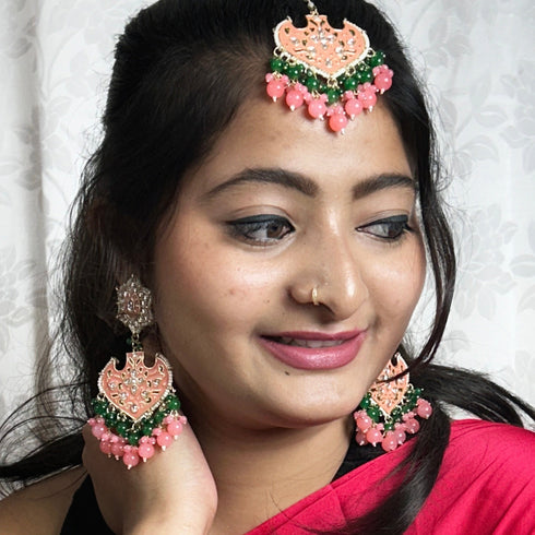 Peach & Green Enamel Kundan Earrings & Maang Tikka Set from Trenzify Store.