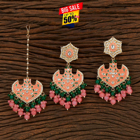Peach & Green Enamel Kundan Earrings & Maang Tikka Set from Trenzify Store.