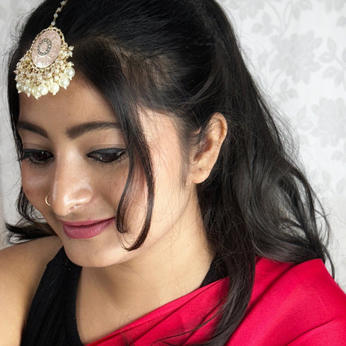 Light Pink Enamel Floral Maang Tikka with Pearls from Trenzify Store.