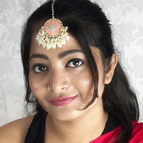 Pink Enamel Floral Maang Tikka with Beaded Detailing from Trenzify Store.