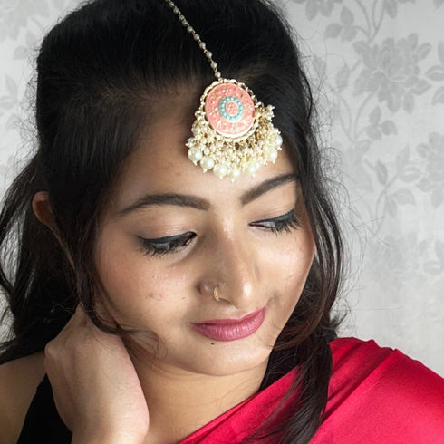 Pink Enamel Floral Maang Tikka with Beaded Detailing from Trenzify Store.