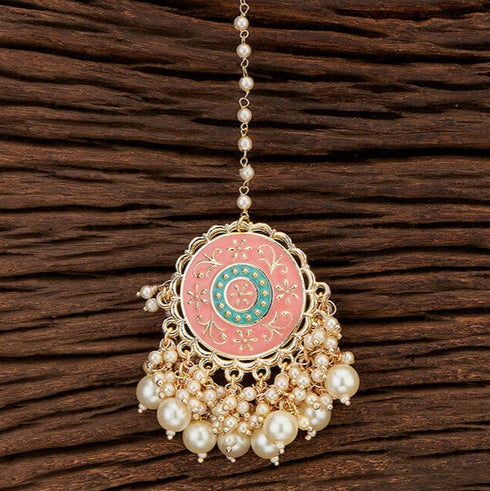 Pink Enamel Floral Maang Tikka with Beaded Detailing from Trenzify Store.