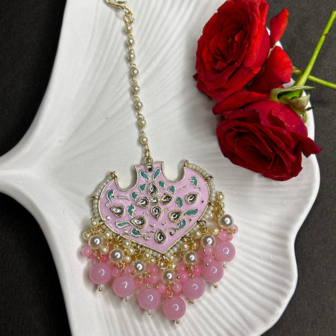 Pink Enamel Floral Maang Tikka with Beaded Drops from Trenzify Store.