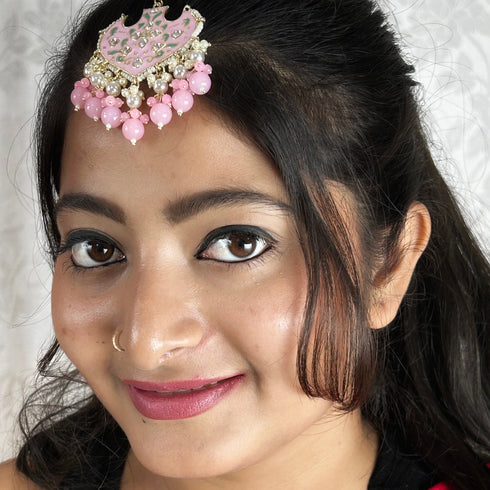 Pink Enamel Floral Maang Tikka with Beaded Drops from Trenzify Store.