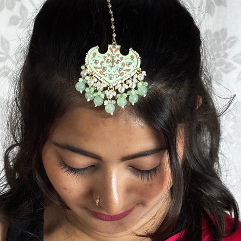 Mint Enamel Floral Maang Tikka with Beaded Drops from Trenzify Store.