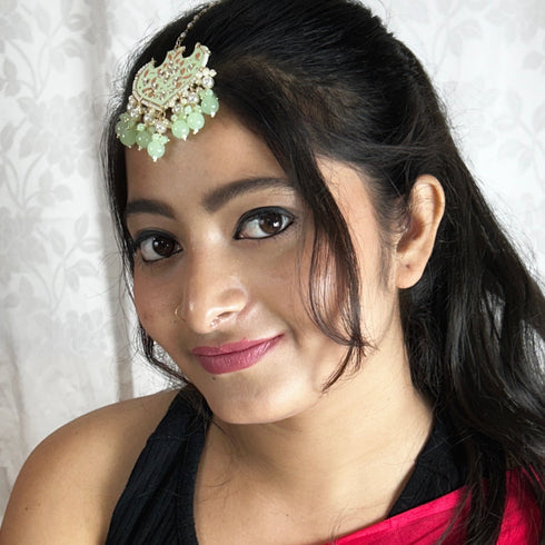 Mint Enamel Floral Maang Tikka with Beaded Drops from Trenzify Store.