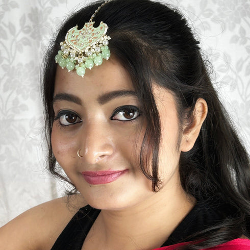 Mint Enamel Floral Maang Tikka with Beaded Drops from Trenzify Store.