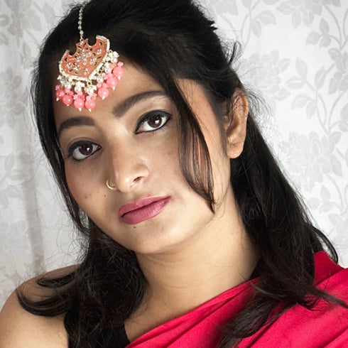 Peach Enamel Floral Maang Tikka with Beaded Drops from Trenzify Store.