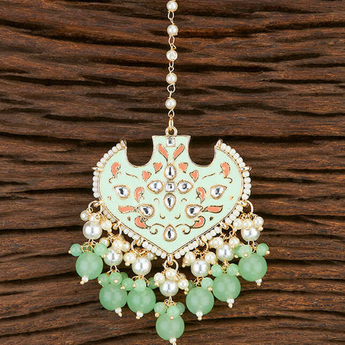 Mint Enamel Floral Maang Tikka with Beaded Drops from Trenzify Store.