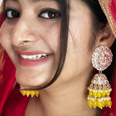 Radiant Kundan Bead Jhumka Earrings from Trenzify Store.