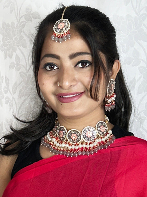 Grey Meenakari & Bead Necklace Set from Trenzify Store.