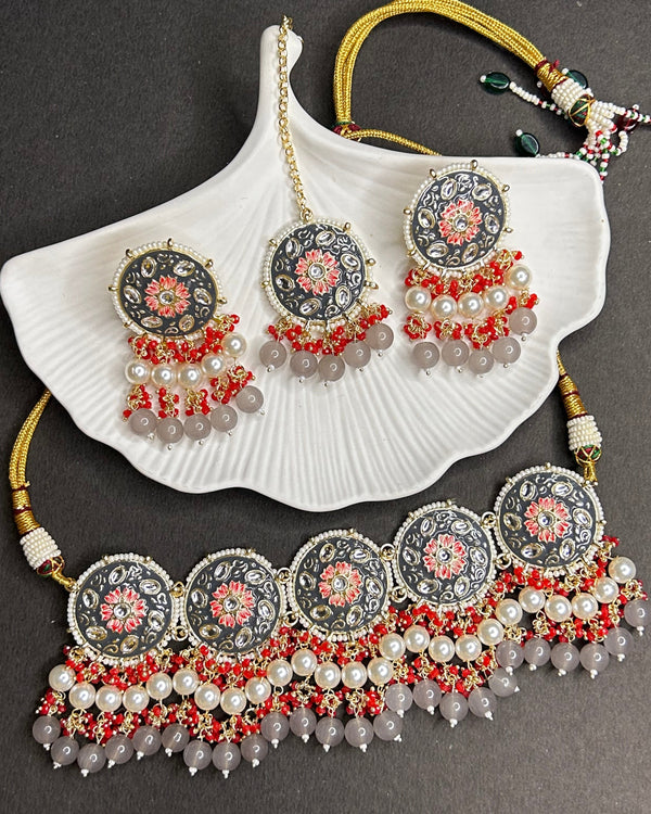 Grey Meenakari & Bead Necklace Set from Trenzify Store.