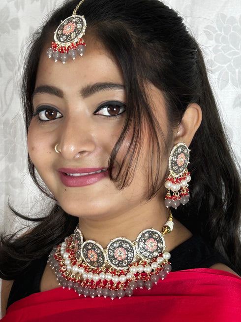 Grey Meenakari & Bead Necklace Set from Trenzify Store.