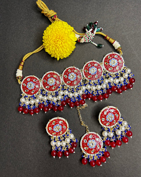 Red Meenakari & Bead Necklace Set from Trenzify Store.