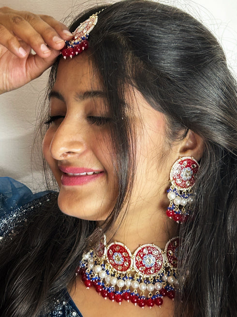 Red Meenakari & Bead Necklace Set from Trenzify Store.