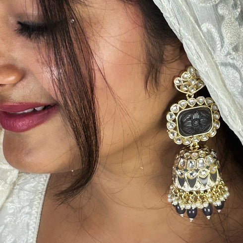 Carved Stone Kundan Jhumka Earrings from Trenzify Store.