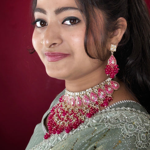 Rani Pink Meenakari Necklace Set from Trenzify Store.