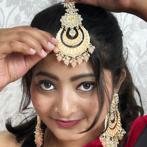 Golden Yellow Enamel Earrings & Maang Tikka Set from Trenzify Store.