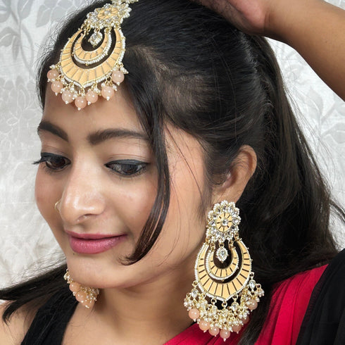 Golden Yellow Enamel Earrings & Maang Tikka Set from Trenzify Store.