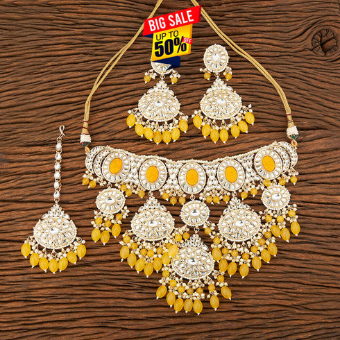Yellow Beaded Kundan Necklace Set from Trenzify Store.