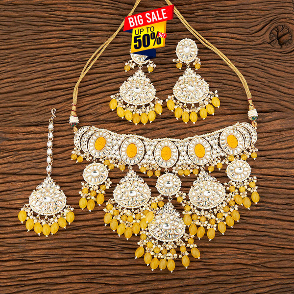 Yellow Beaded Kundan Necklace Set from Trenzify Store.