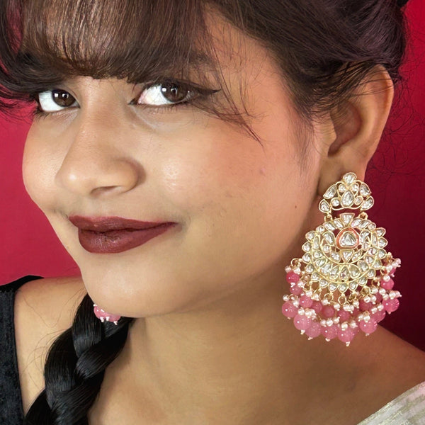 Pink Beaded Kundan Chandbali Earrings from Trenzify Store.