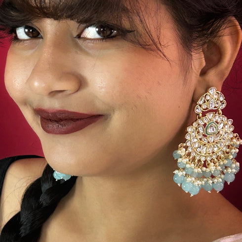 Turquoise Beaded Kundan Chandbali Earrings from Trenzify Store.