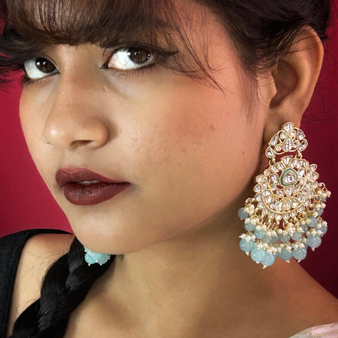 Turquoise Beaded Kundan Chandbali Earrings from Trenzify Store.