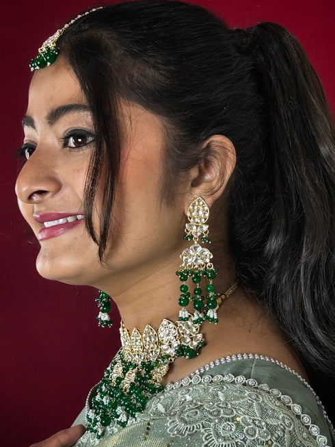 Green Kundan Necklace, Earrings & Maang Tikka Set from Trenzify Store.