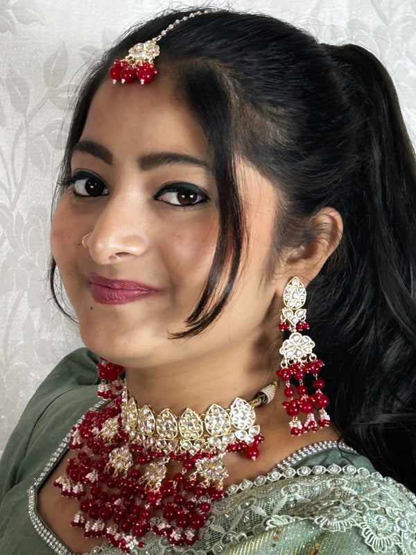 Red Kundan Necklace, Earrings & Maang Tikka Set – Grand Heritage Glow from Trenzify Store.