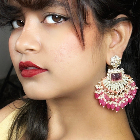 Pink Beaded Kundan Earrings from Trenzify Store.
